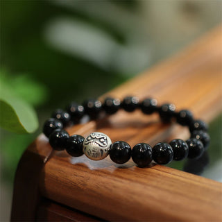 Buddha Gift 925 Sterling Silver Black Onyx Bead Character Engraved Protection Bracelet