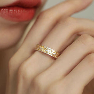 Buddha Gift 999 Sterling Silver Gold-Painted Joyful Flower Pattern Peaceful Heart Sutra Ring