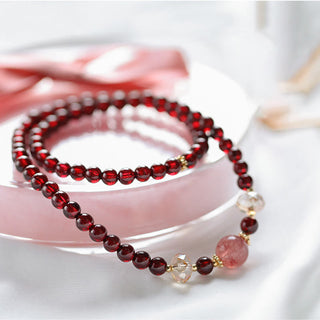 Buddha Gift 14K Gold Plated Natural Garnet Strawberry Quartz Stability Double Wrap Bracelet