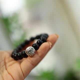 Buddha Gift 925 Sterling Silver Black Onyx Bead Character Engraved Protection Bracelet