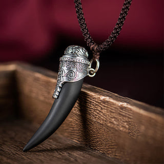 Buddha Gift 925 Sterling Silver Black Obsidian Wolf Tooth Pattern Strength Necklace Pendant