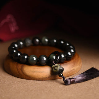 Buddha Gift Natural Black Obsidian Lion Wrist Mala Protection Tassels Pocket Mala Car Decoration
