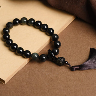 Buddha Gift Natural Black Obsidian Lion Wrist Mala Protection Tassels Pocket Mala Car Decoration