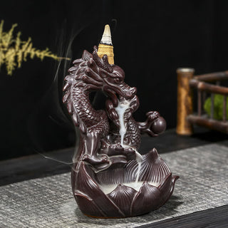 Buddha Gift Dragon Lotus Pattern Strength Protection Ceramic Incense Burner Decoration