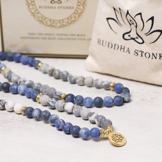 Buddha Gift 108 Natural Picasso Jasper & Blue Stone Mala Bead Lotus Pendant Bracelet