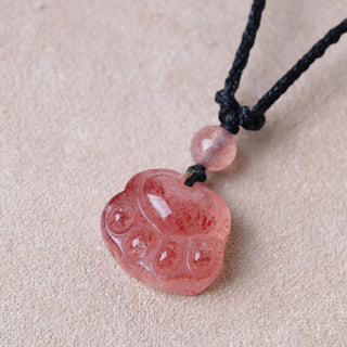 Buddha Gift Strawberry Quartz Lovely Cat Paw Claw Healing Necklace Pendant