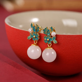 Buddha Gift White Jade 925 Sterling Silver Pearl Flower Blessing Necklace Pendant Ring Earrings