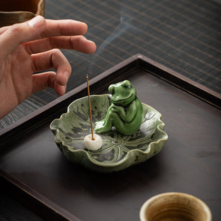 Buddha Gift Leaf Meditation Frog Pattern Healing Ceramic Incense Burner Decoration