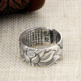 Buddha Gift 999 Sterling Silver Lotus Symbol Heart Sutra Protection Ring