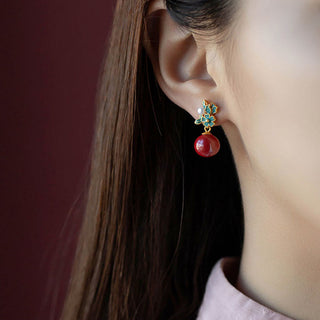 Buddha Gift 925 Sterling Silver Plated Gold Cinnabar Pearl Flower Blessing Necklace Pendant Earrings Ring Set
