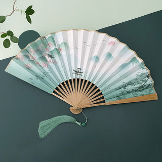 Buddha Gift Retro Lotus Flower Leaf Mountain Lake Handheld Folding Fan With Bamboo Frames