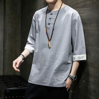Buddha Gift Frog-Button Dragon Embroidery Chinese Tang Suit Three Quarter Sleeve Shirt Cotton Linen Men Clothing