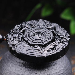 Buddha Gift Bagua Dragon Phoenix Obsidian Fulfilment Pendant Necklace