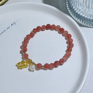 Buddha Gift Year of the Dragon Strawberry Quartz Dragon Pearl Charm Protection Bracelet