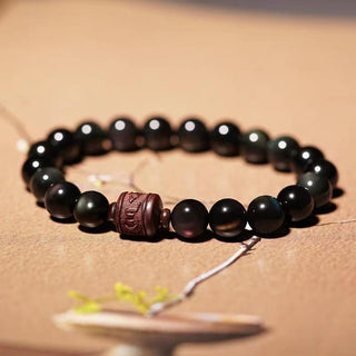 Buddha Gift Natural Gold Sheen Obsidian Rainbow Obsidian Om Mani Padme Hum Fu Character Healing Bracelet
