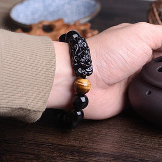 Buddha Gift Natural Black Obsidian PiXiu Tiger's Eye Strength Bracelet