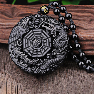Buddha Gift Bagua Dragon Phoenix Obsidian Fulfilment Pendant Necklace