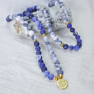 Buddha Gift 108 Natural Picasso Jasper & Blue Stone Mala Bead Lotus Pendant Bracelet