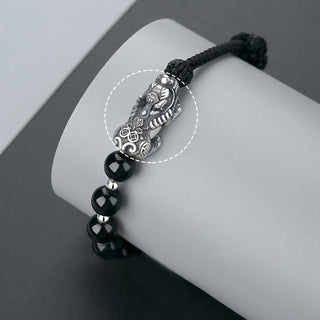 Buddha Gift 999 Sterling Silver FengShui PiXiu Natural Black Obsidian 925 Sterling Silver Bead Strength Bracelet