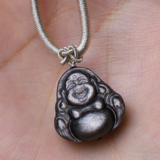 Buddha Gift Natural Silver Sheen Obsidian Laughing Buddha Protection Necklace Pendant