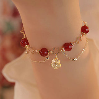 Buddha Gift 14k Gold Plated Red Agate Star Flower Charm Calm Bracelet