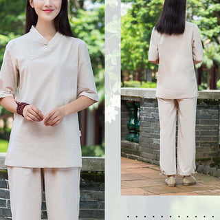 Buddha Gift 2Pcs Half Sleeve V-Neck Shirt Top Pants Meditation Zen Tai Chi Linen Clothing Women's Set