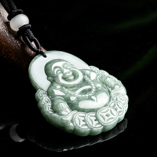 Buddha Gift Laughing Buddha Natural Jade Copper Coin Abundance Necklace Pendant