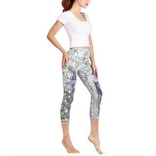 Buddha Gift Lotus Cherry Blossom Gradient Peacock Print Lycra Fabric Sports Cropped Leggings Women's Yoga Capri Pants
