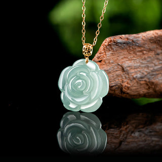 Buddha Gift 18K Gold 925 Sterling Silver Natural Jade Rose Luck Necklace Pendant