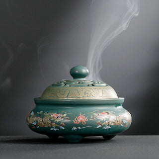 Buddha Gift Dragon Floral Pattern Backflow Smoke Fountain Ceramic Meditation Incense Burner Decoration
