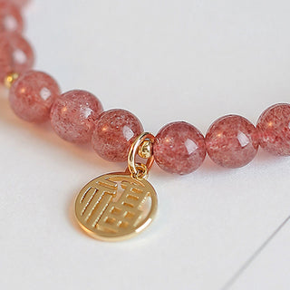 Buddha Gift 14K Gold Plated Strawberry Quartz Fu Character Healing Charm Bracelet