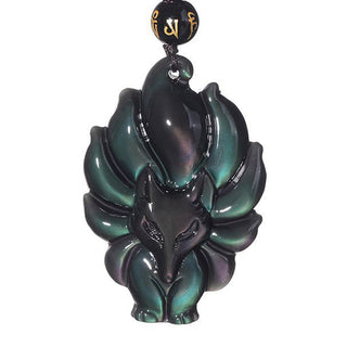 Buddha Gift Natural Rainbow Obsidian Gold Sheen Obsidian Nine Tailed Fox Positive Necklace Pendant