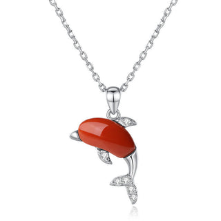 Buddha Gift 925 Sterling Silver Cute Dolphin Hetian Jade Red Agate Luck Necklace Pendant Ring Earrings Set