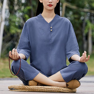 Buddha Gift 2Pcs Shirt Top Pants Meditation Zen Tai Chi Cotton Linen Clothing Women's Set