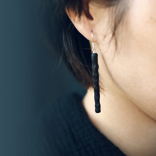 Buddha Gift 925 Sterling Silver Ebony Wood Texture Balance Peace Drop Dangle Earrings