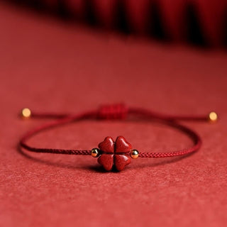 Buddha Gift Natural Cinnabar Four Leaf Clover Blessing Red String Bracelet Anklet