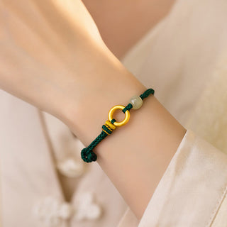Buddha Gift 999 Sterling Silver Peace Buckle Hetian Jade Bead Luck Green Rope Braided Bracelet