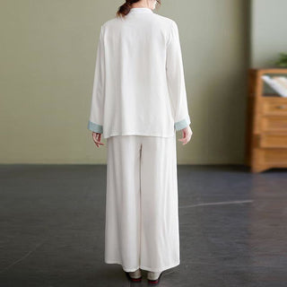 Buddha Gift 2Pcs Tang Suit Long Sleeve Shirt Top Pants Meditation Zen Tai Chi Cotton Linen Clothing Women's Set