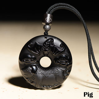 Buddha Gift Chinese Zodiac Natural Black Obsidian Peace Buckle Strength Necklace Pendant