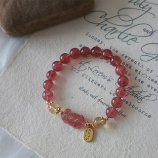 Buddha Gift Natural Strawberry Quartz Peach Blossom PiXiu Attract Fortune Healing Bracelet
