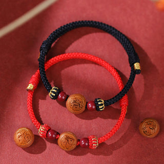 Buddha Gift Natural Peach Wood Chinese Zodiac Fu Character Carved Cinnabar Wealth Bracelet