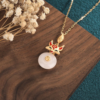 Buddha Gift White Jade Fox Copper Coin Protection Luck Necklace Pendant