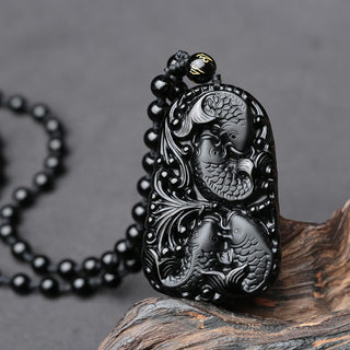 Buddha Gift Black Obsidian Koi Fish Engraved Strength Beaded Necklace Pendant