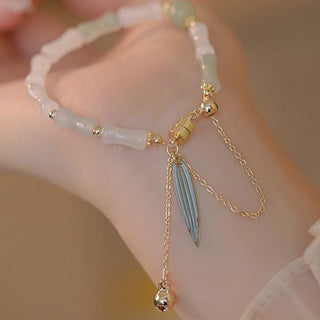 Buddha Gift 14K Gold Plated Hetian White Jade Bamboo Leaf Luck Protection Bracelet