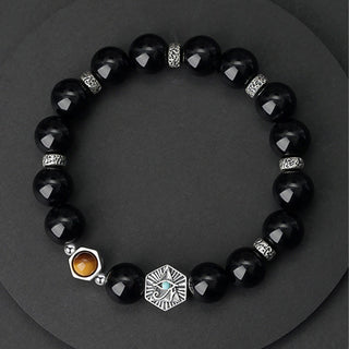 Buddha Gift 925 Sterling Silver Black Obsidian Tiger Eye Eye of Providence Purification Bracelet