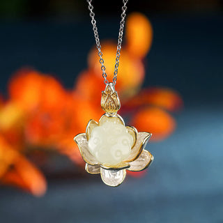 Buddha Gift White Jade Lotus Flower Happiness Necklace