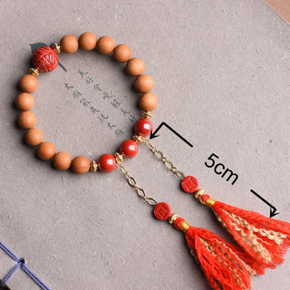 Buddha Gift Tibetan Natural Peach Wood Cinnabar PiXiu Wealth Tassels Bracelet