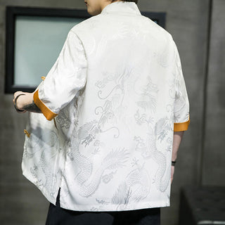 Buddha Gift Frog-Button Chinese Dragon Embroidery Half Sleeve Shirt Linen Men Clothing