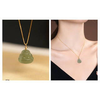 Buddha Gift 925 Sterling Silver Natural Hetian Jade Cyan Jade Luck Laughing Buddha Butterfly Necklace Pendant