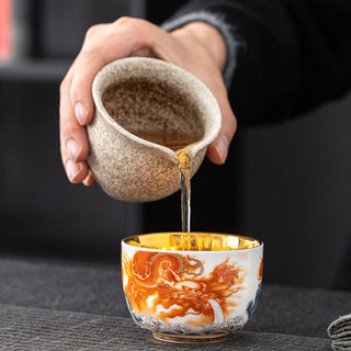 Buddha Gift Dragon Phoenix Crane Sun Ocean Waves Gilt Ceramic Teacup Kung Fu Tea Cup 170ml